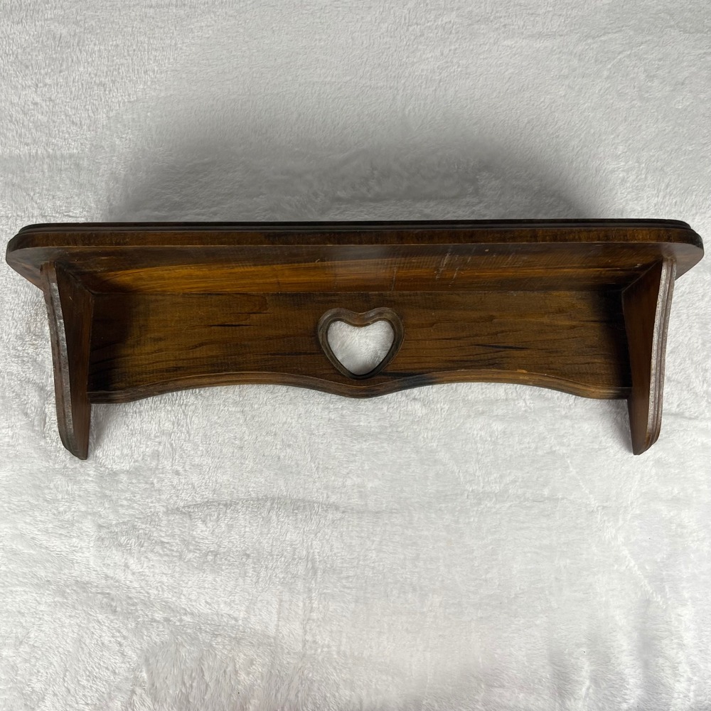 Vintage Wooden Heart Wall Shelf Rustic Farmhouse Plate Groove Display Brown Wood
